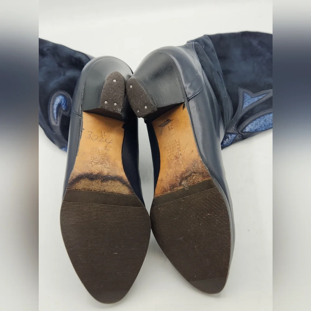 Brunella Italy Vintage Navy Leather & Suede Tall Western Boots Size US 8.5 - 9
